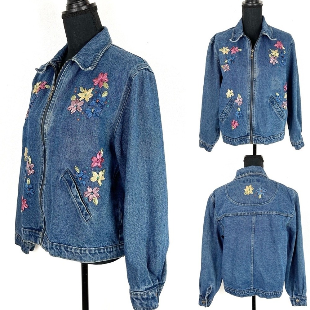 Vintage Womens Floral Embroidered Denim Jean Jacket LG Cottagecore Shabby Chic - Picture 2 of 12